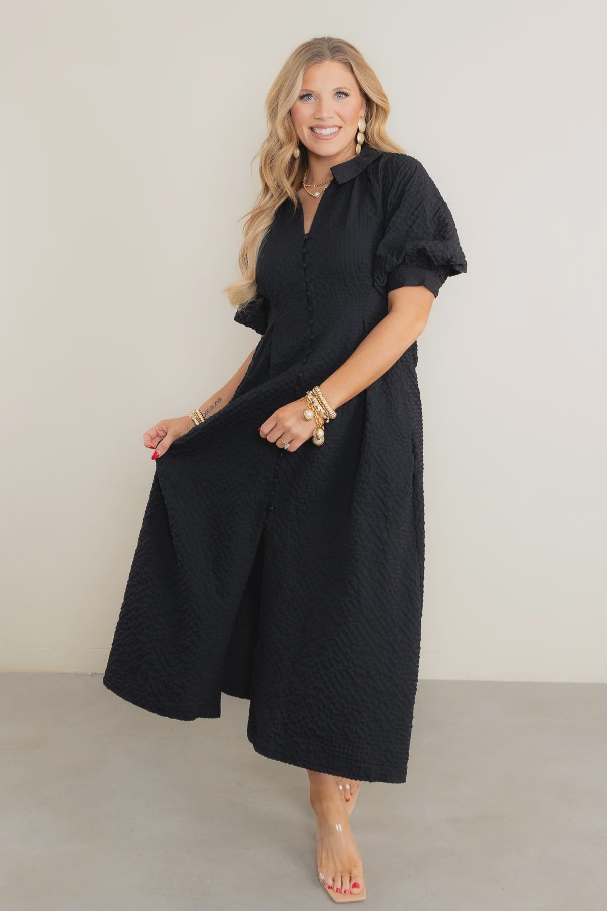 Solid Black Waffle Textured Dress