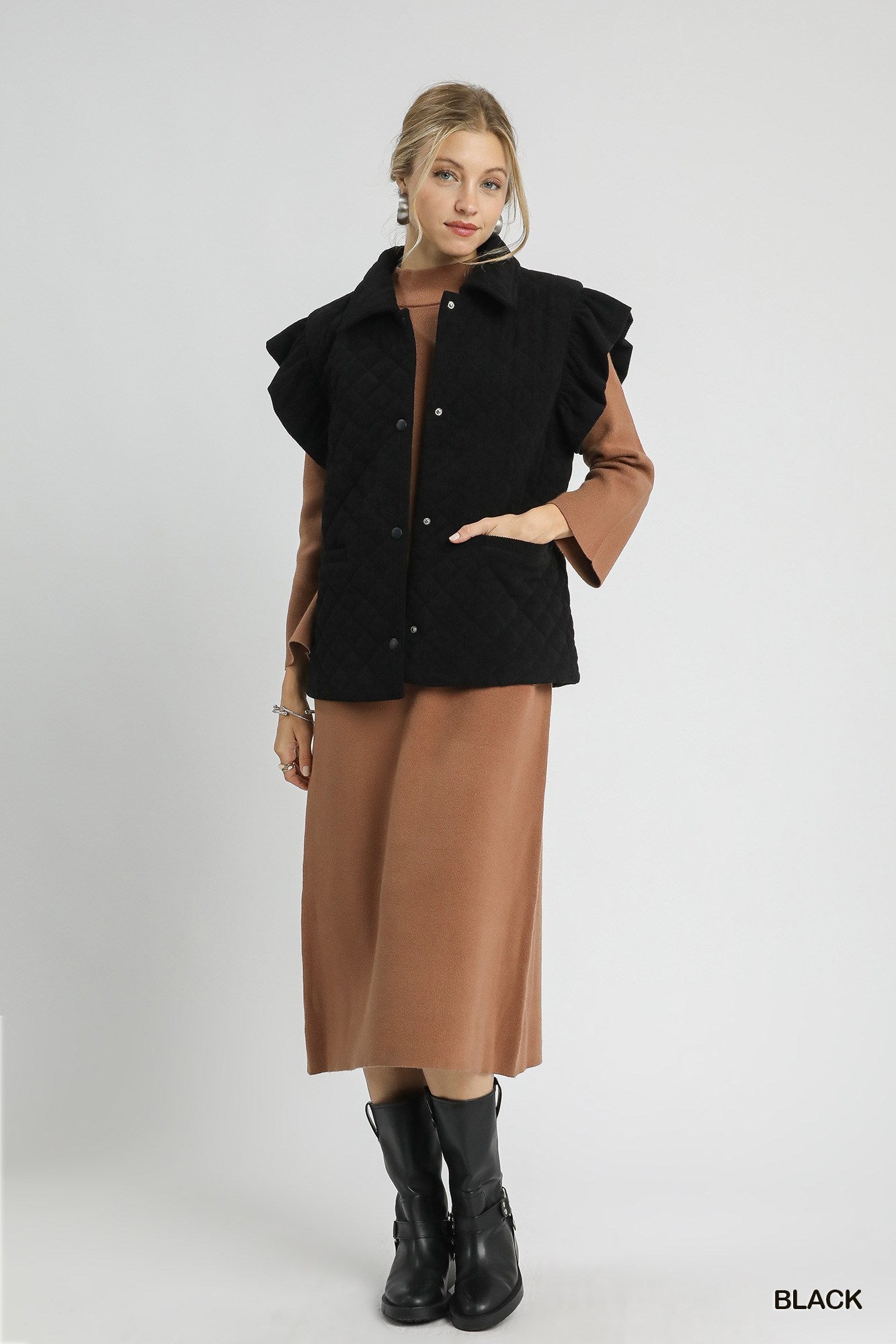 Corduroy Quilted Ruffle Sleeve Vest
