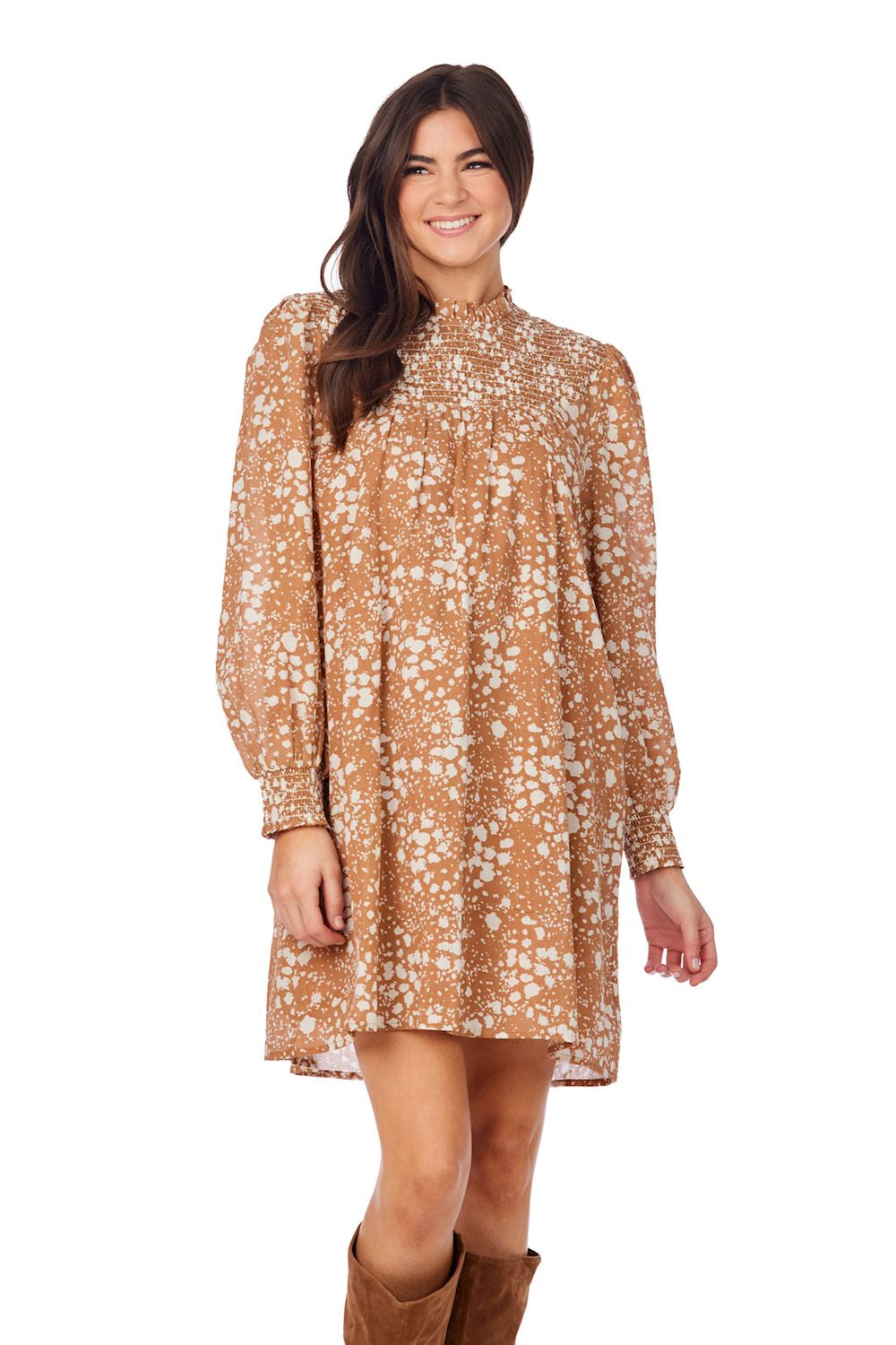 Tan Dots Smocked Dress