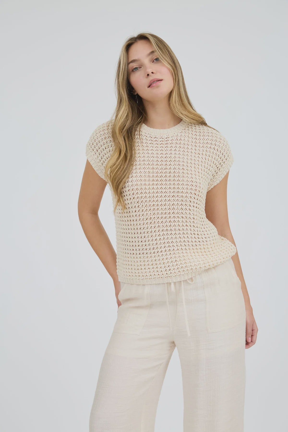Crochet Knit Batwing Short Sleeve Sweater Top - Oatmeal