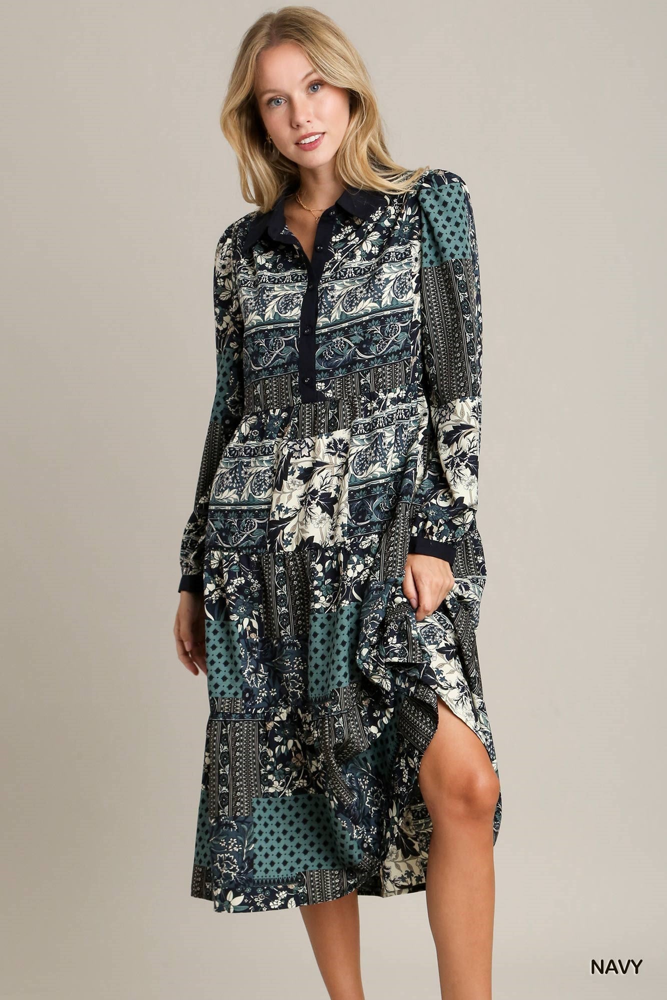 Scarf Print Tiered Midi Dress