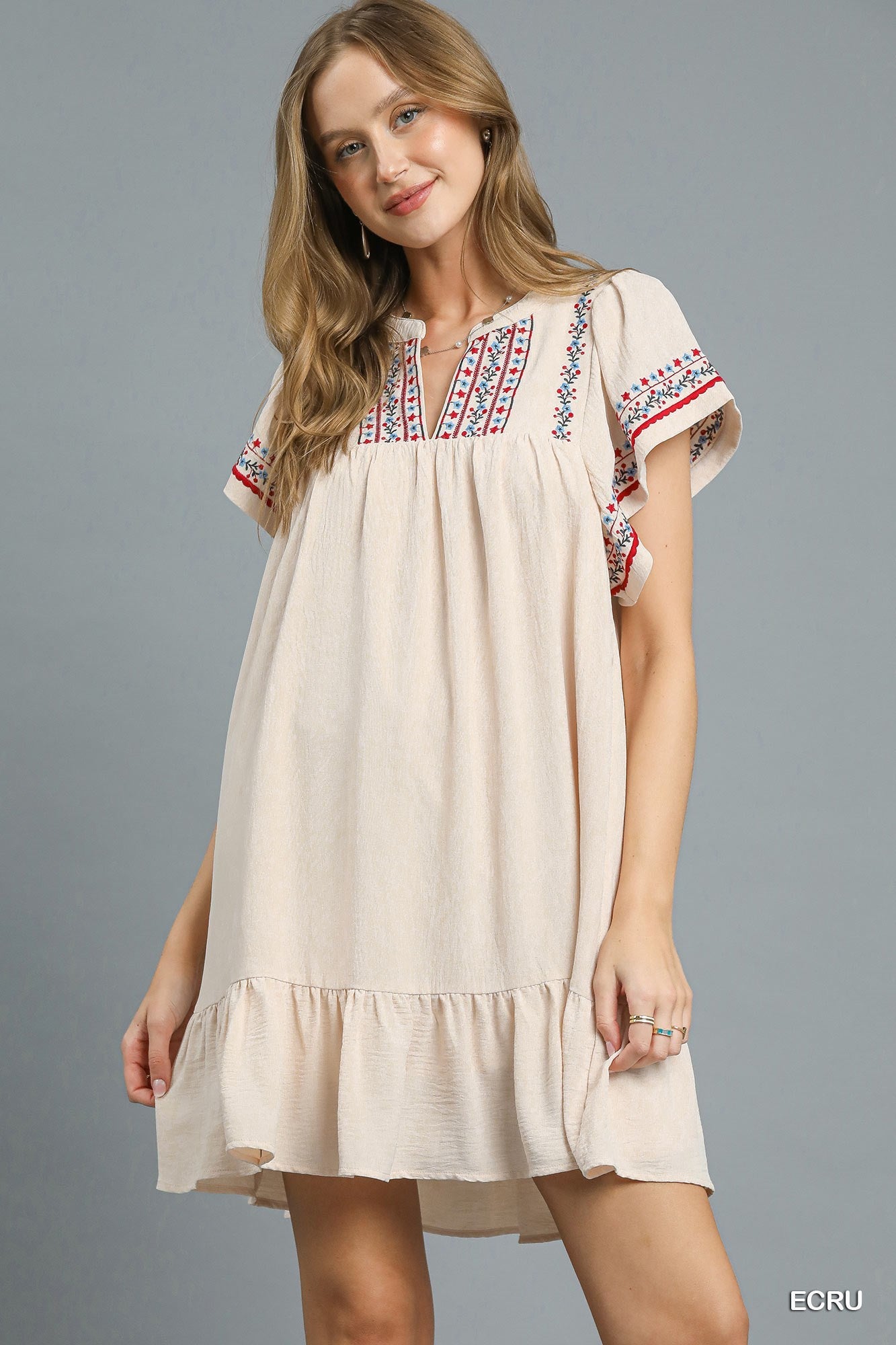 Embroidered Flutter Sleeve Babydoll Dress