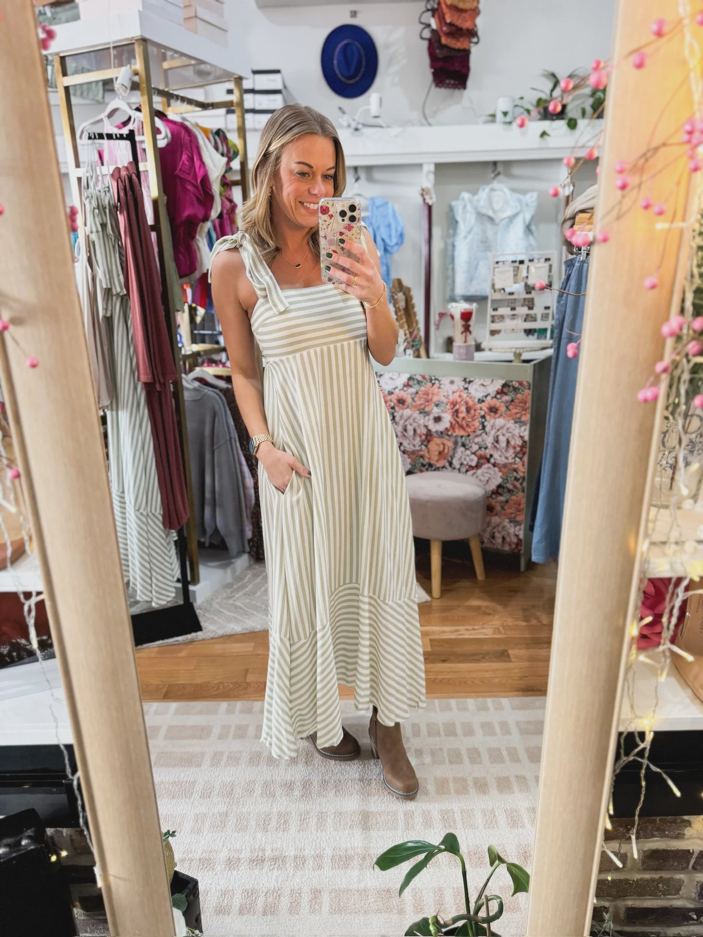 Stripe Tie Strap Sleeveless Maxi Dress - Light Olive