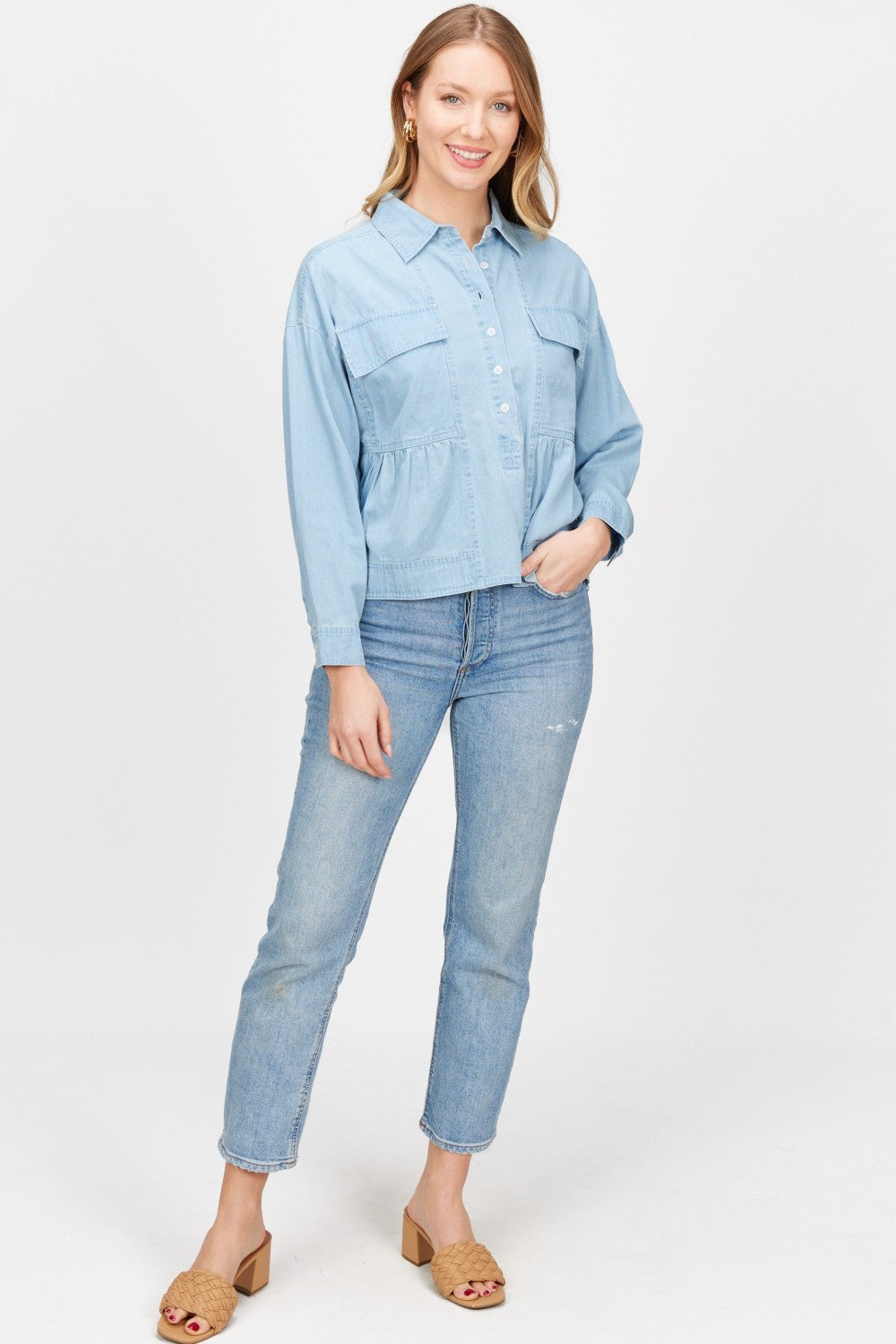Denim Utility Pocket Ruffled Bottom Blouse