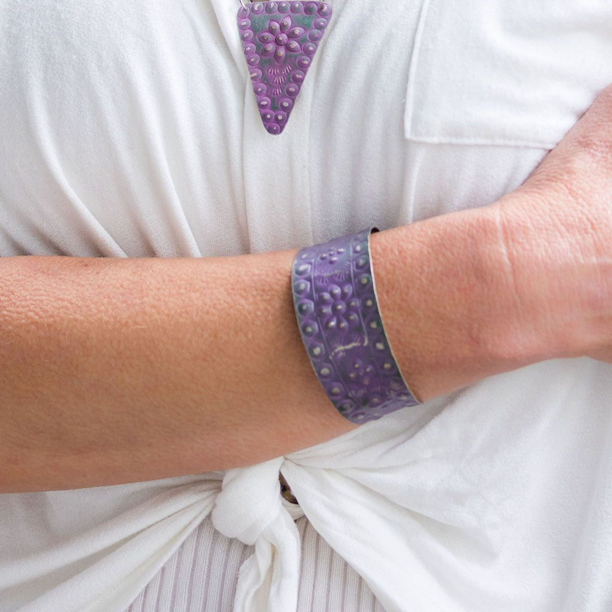 Silver Patina Bracelet - Purple Floral and Dots