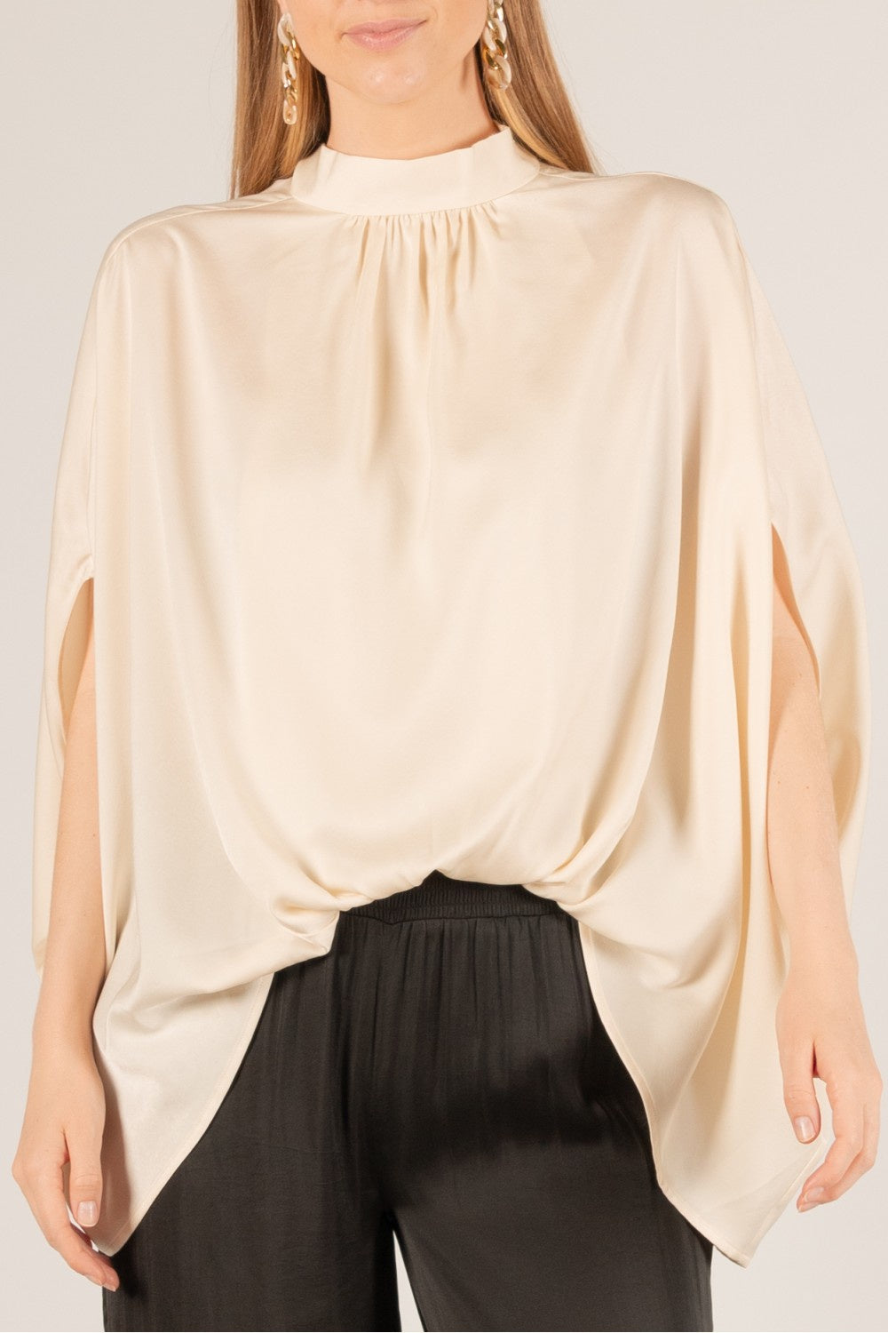 Satin Mock Neck Elastic Front Back Neck Tie