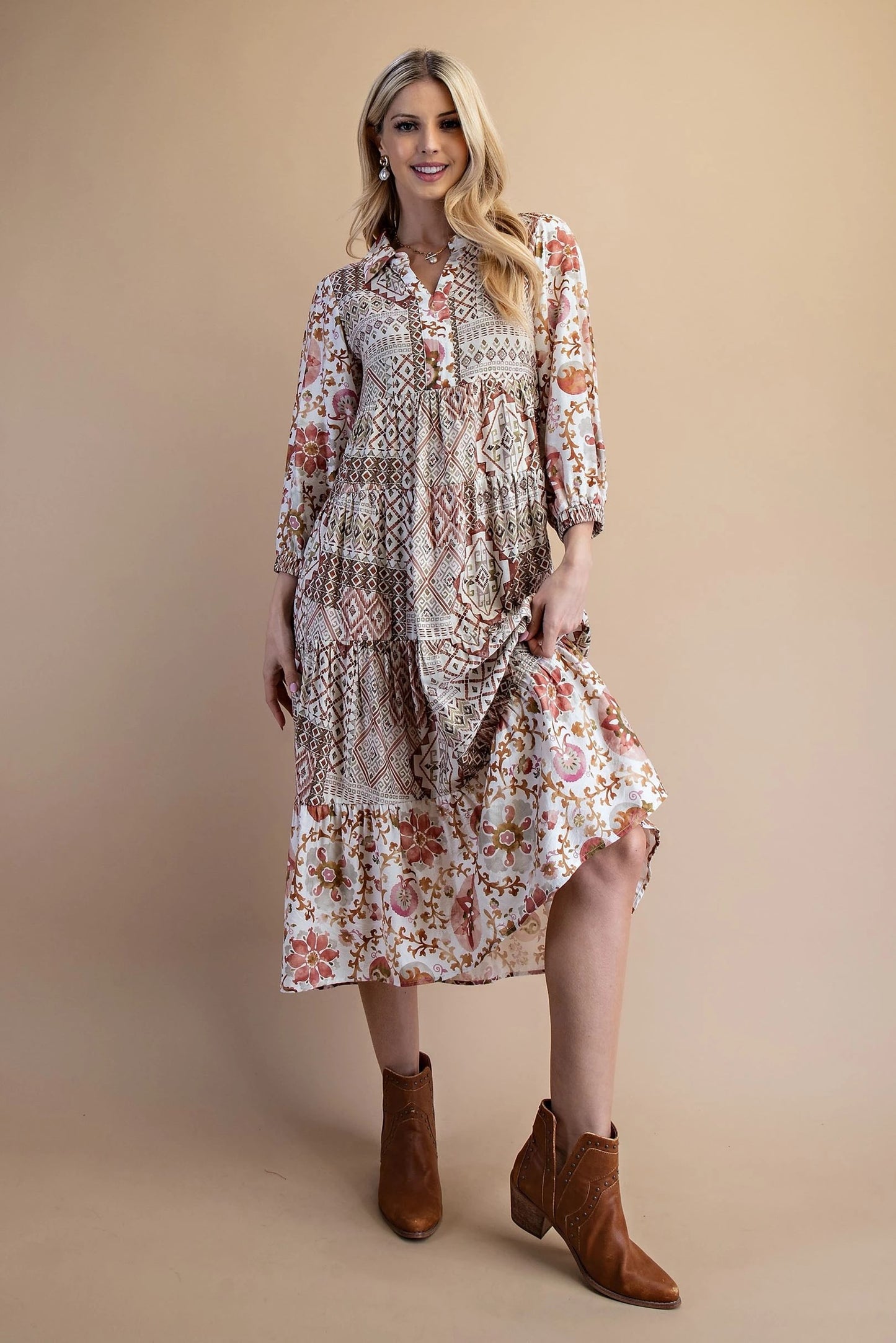 Mixed Print Tiered Midi