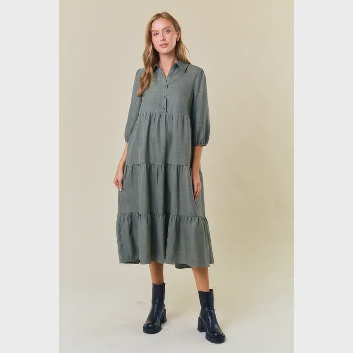 Half button down 3/4 sleeve tiered midi dress
