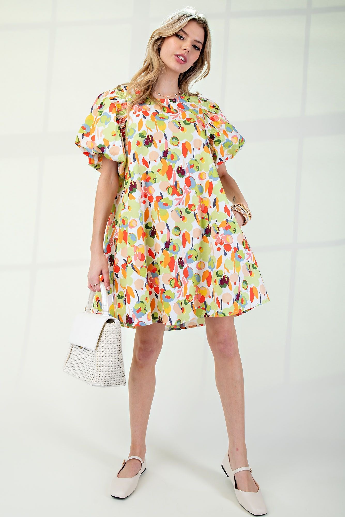 Coral Sage Printed Cotton Poplin A Line Dress