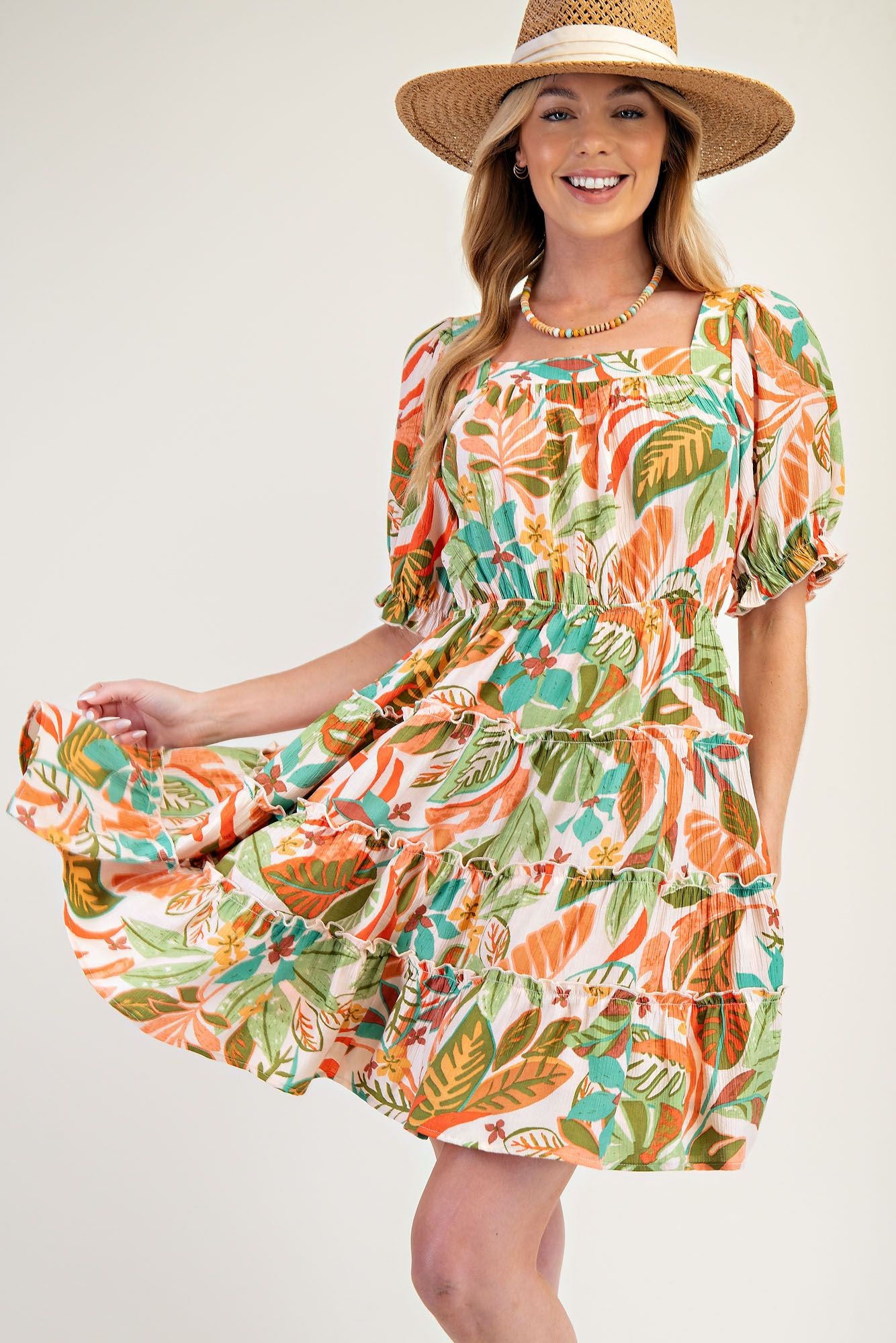 Printed Leaf Blossom Midi Dress