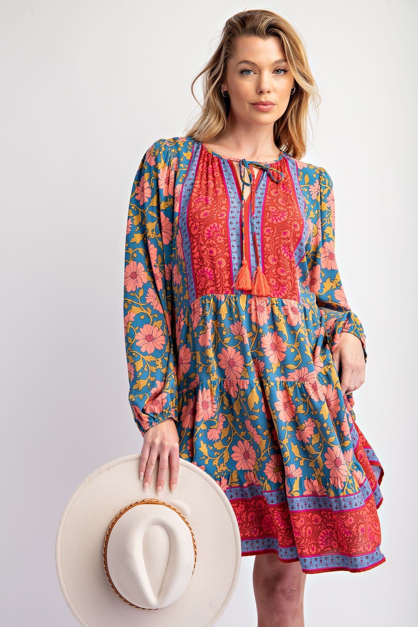 BORDER PRINTED RAYON CHALLIS DRESS