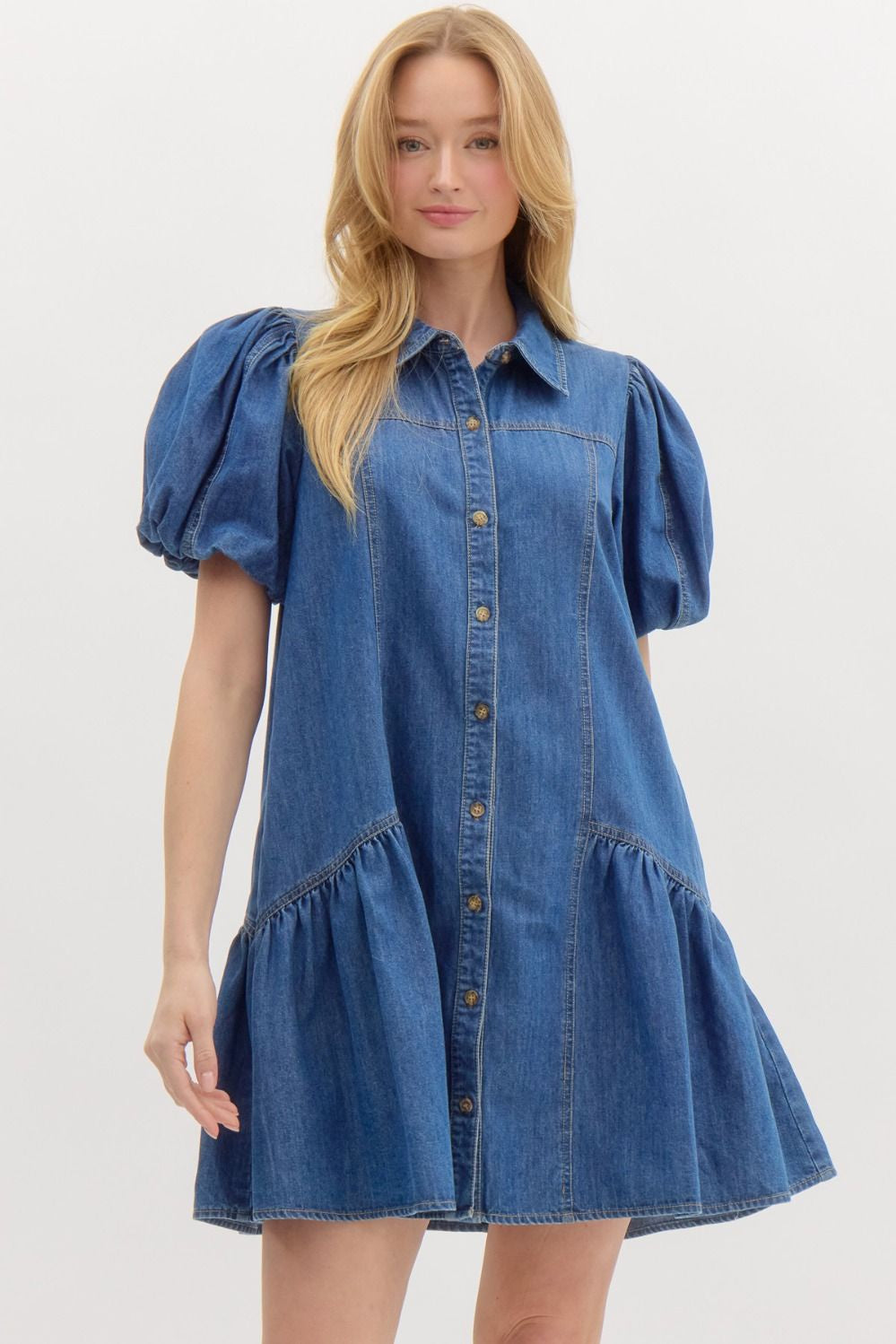 Denim Bubble Sleeve Mini Dress