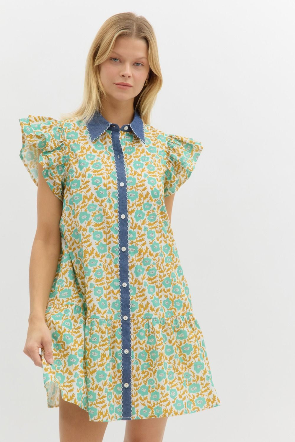 Floral Print Ruffle Sleeve Mini Dress - Mint