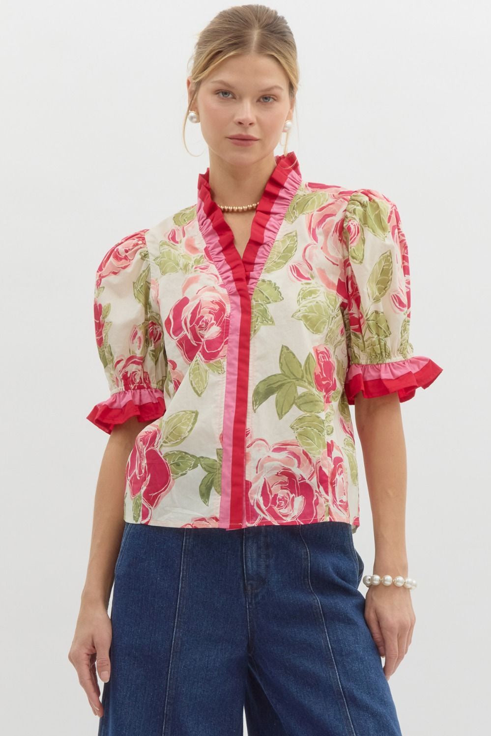 Cream Pink Rose Ruffle Shirt