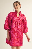 3/4 puff sleeves floral jacquard dress