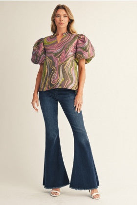 Short puff sleeves abstract jacquard top