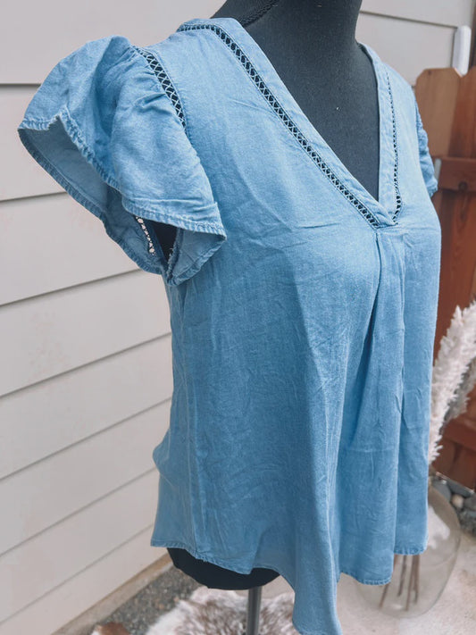 V Neck Lace Trim Back Button Chambray Top