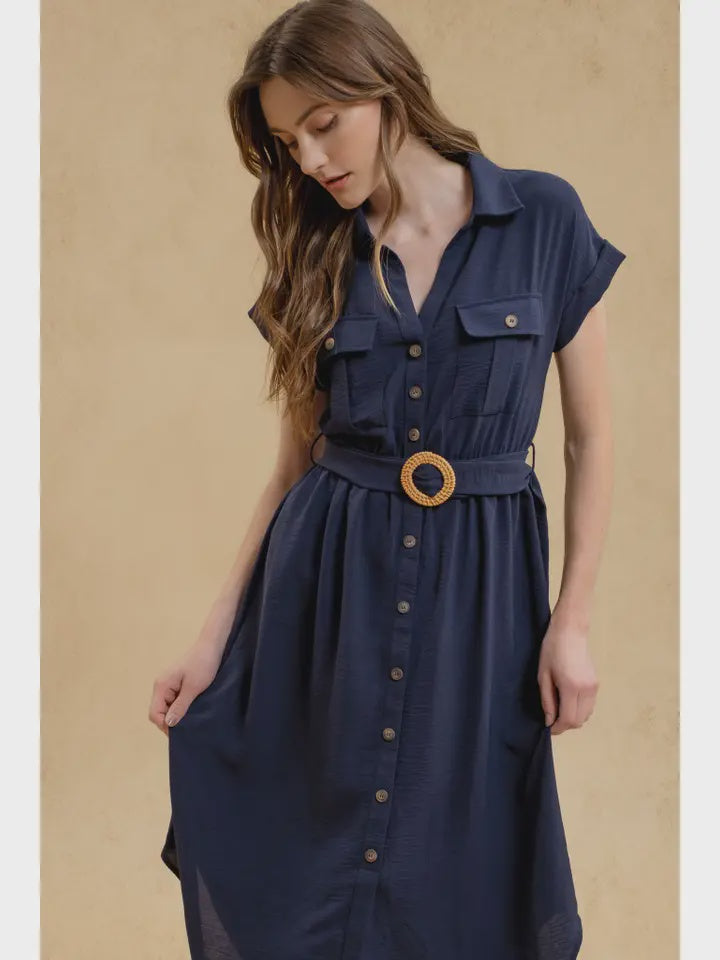 Navy Belted Midi Dress