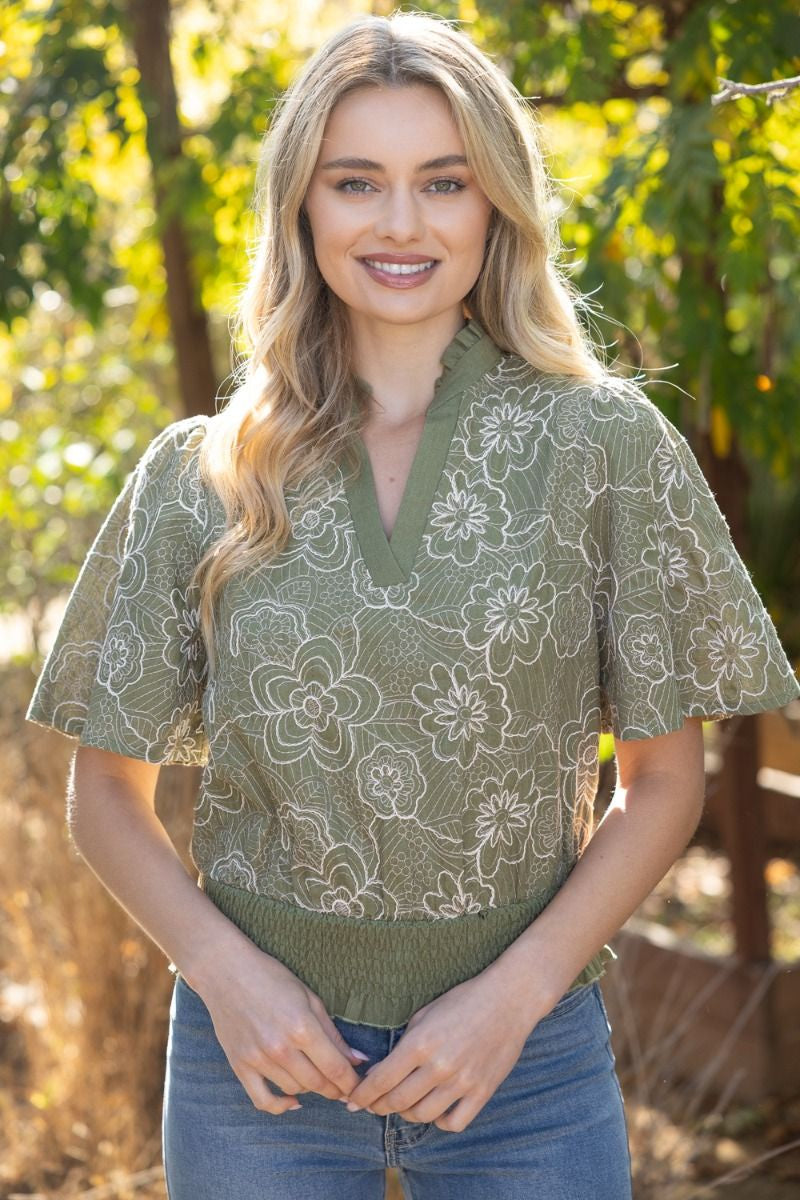 Olive Smocked Floral Top