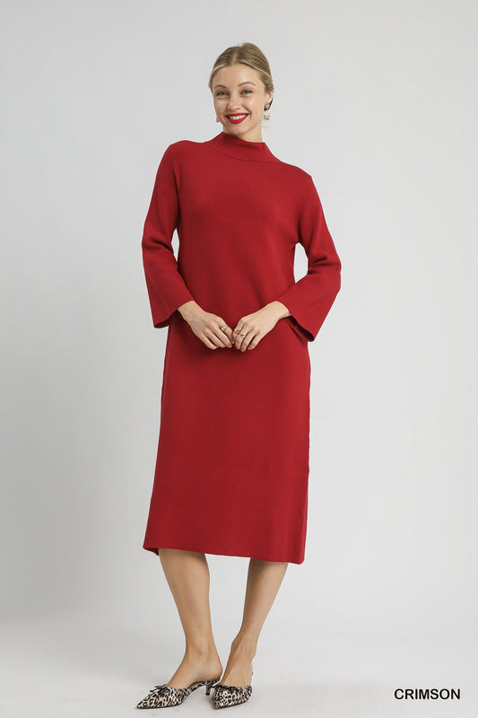 Mock Neck Long Sleeve Knit Midi Dress