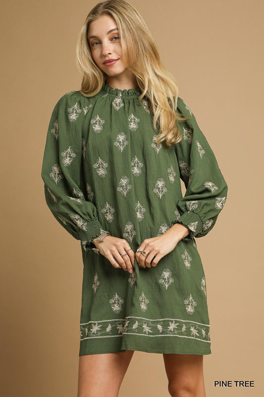 Embroidered Long Sleeve Mini Dress