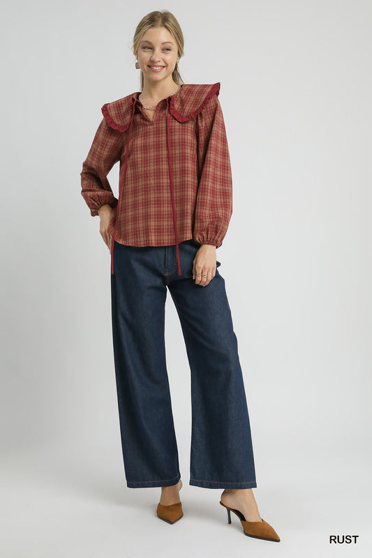 Plaid Ruffle Collar Blouse