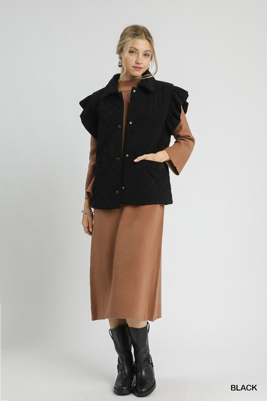 Corduroy Quilted Ruffle Sleeve Vest