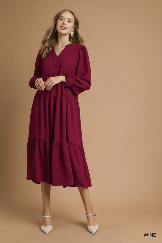Tiered Midi Dress with Smocked Cuffs