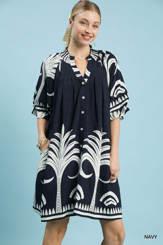 Palm Print Button-Front Dress