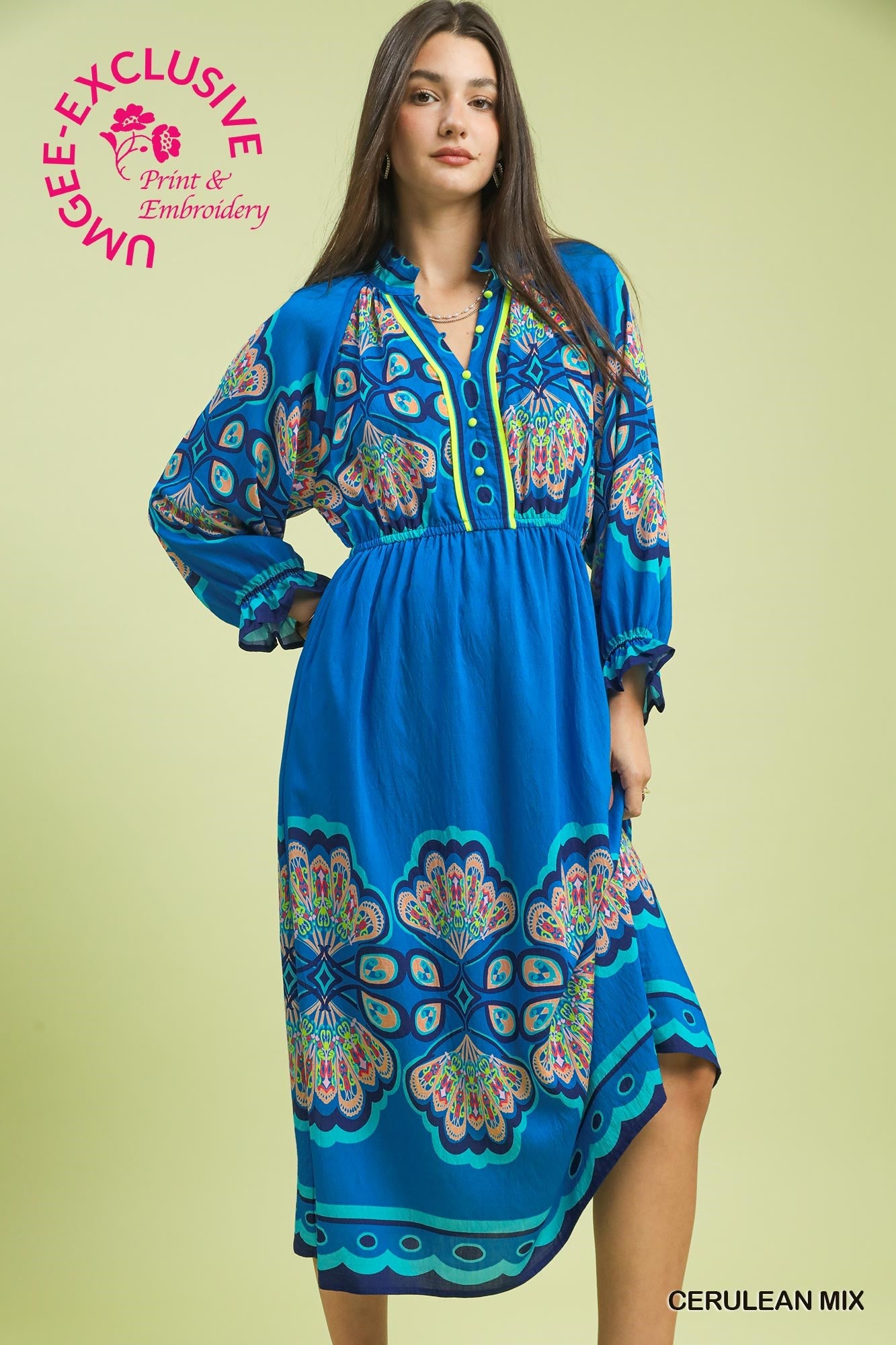 Plume Border Print Midi Dress