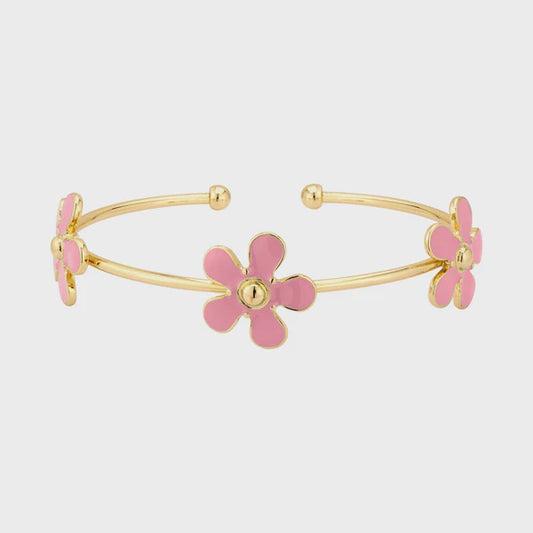 Pink Acrylic Flower on Gold Cuff Bracelet