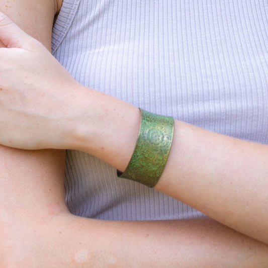 Brass Patina Bracelet - Chartreuse Floral Scrollwork