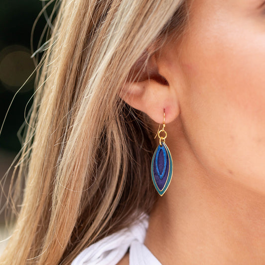 Brass Patina Earrings -Purple and Blue Layered Teardrop