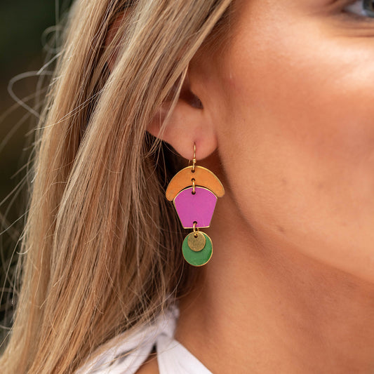 Brass Patina Earrings – Color-Blocked Abstract Shapes