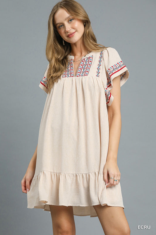 Embroidered Flutter Sleeve Babydoll Dress