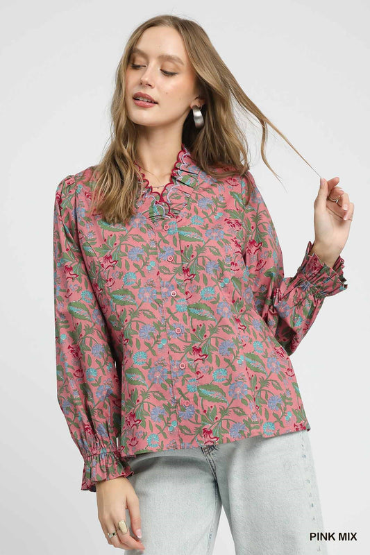 Floral Ruffle Button Down