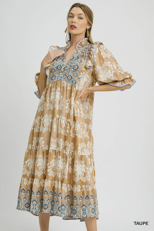 Taupe Midi Dress with Ruffles