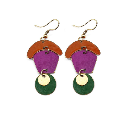 Brass Patina Earrings – Color-Blocked Abstract Shapes