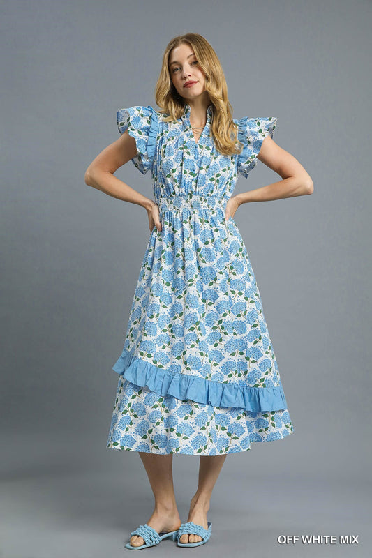 Floral Ruffle Sleeve Midi Dress
