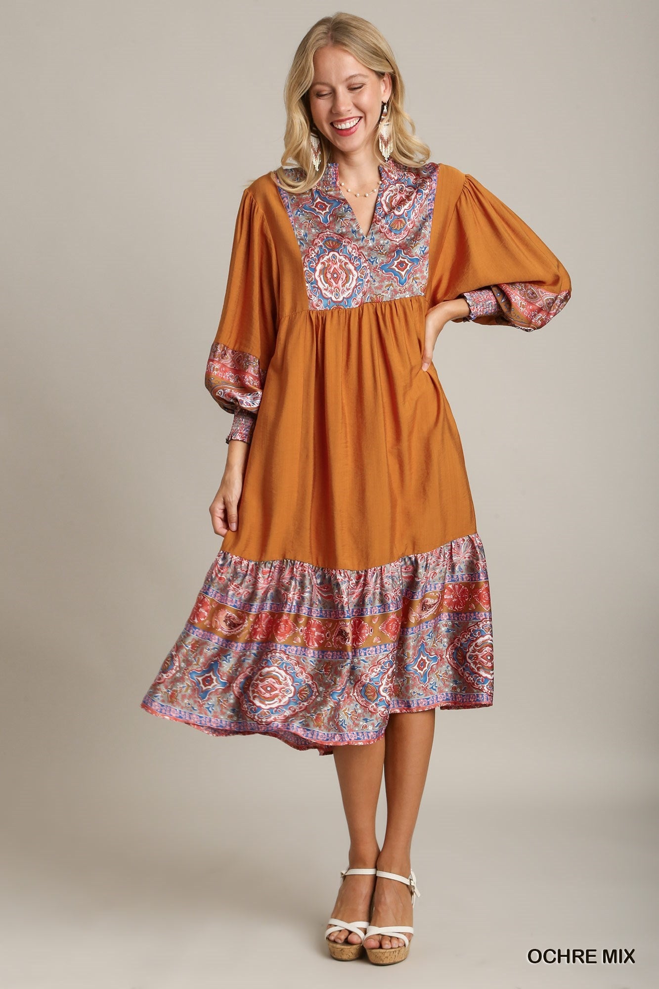 Ochre Border Print Dress