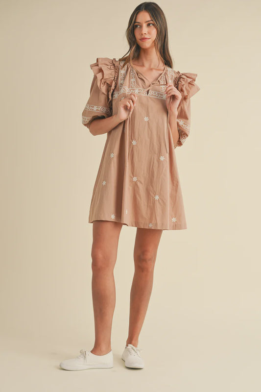 Latte Embroidered Puff Sleeve Dress