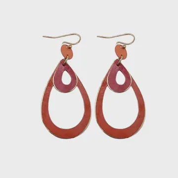 Brass Patina Earrings - Red Abstract Teardrops
