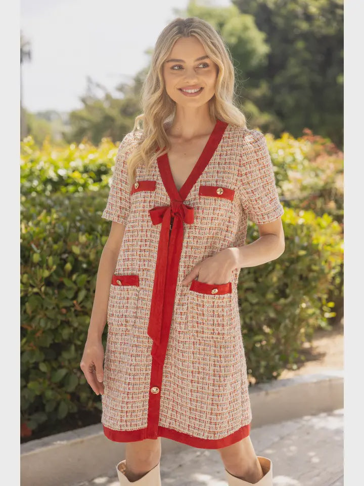 Contrast Ribbon Detailed Tweed Mini Dress