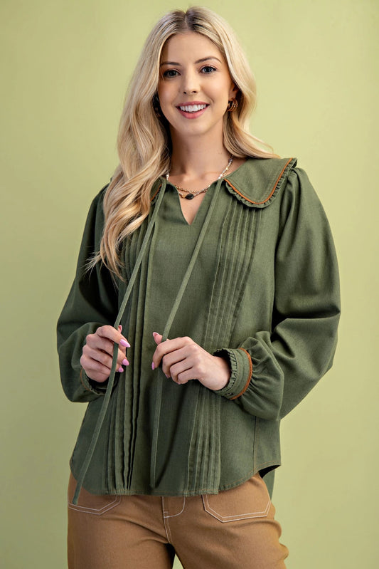 Pleated Linen Long Sleeve Top