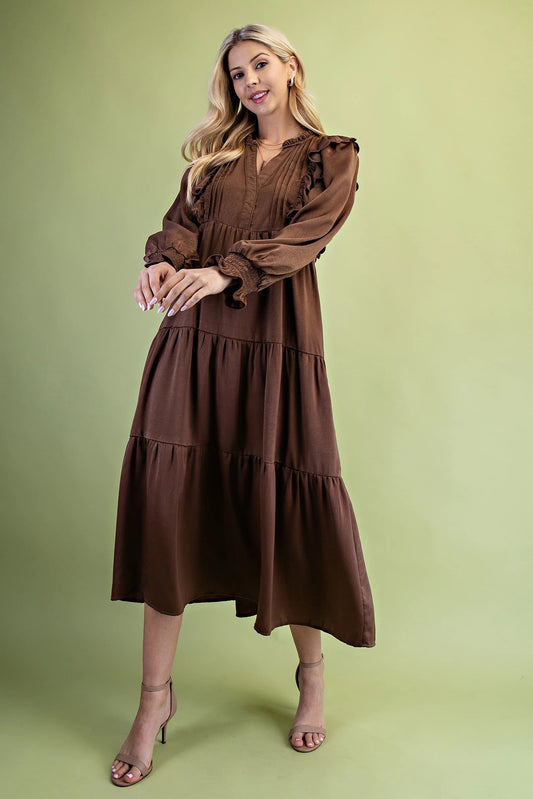 Mocha Tiered Long Sleeve Midi