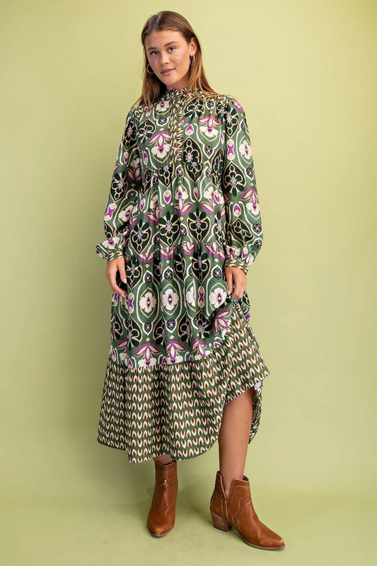 Olive Mixed Print Tiered Midi