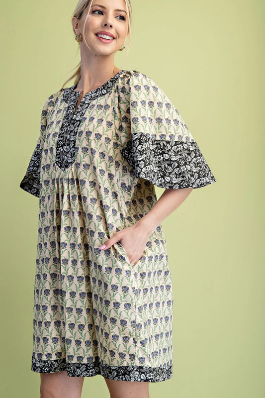 Mixed Print Split Neck Dress
