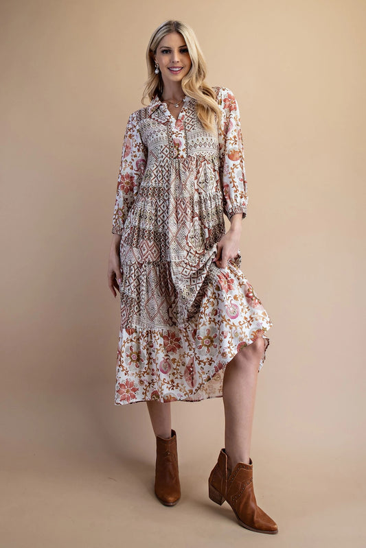 Mixed Print Tiered Midi