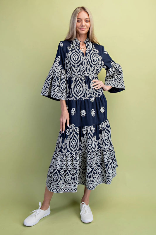 Navy Textured Print Dress