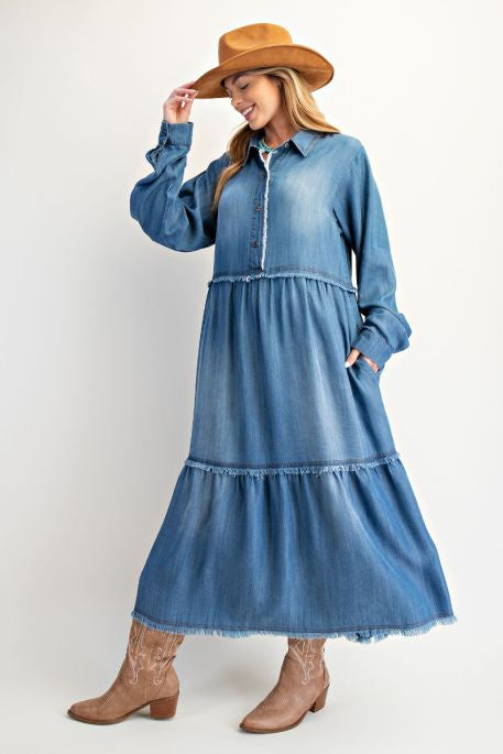 Button Front Washed Denim Long Dress